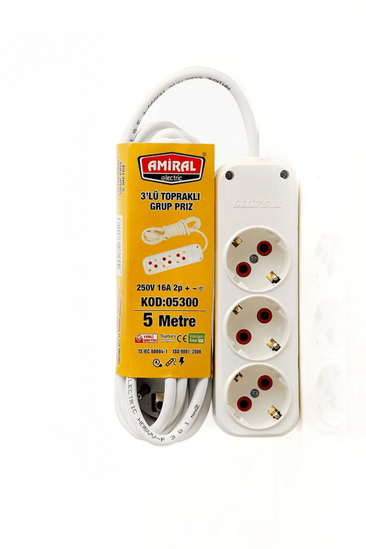 YNT İthalat AH-AVH-933 Amiral 3' Lü Topraklı 5 Metre Kablolu Grup Priz