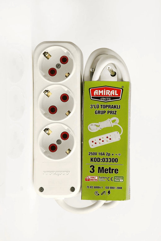 YNT İthalat AH-AVH-935 Amiral 3' Lü Topraklı 3 Metre Kablolu Grup Priz