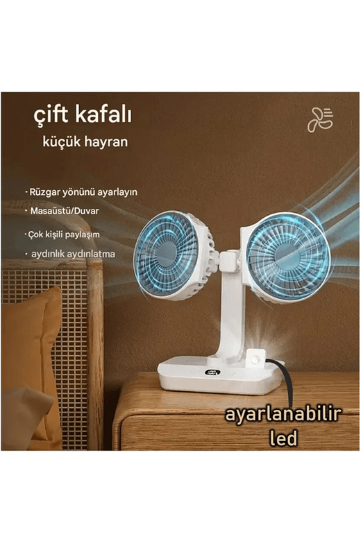 YNT İthalat EM-fan5 Masaüstü Dijital Ekranlı Çift Fanlı Led Işıklı Soğutucu Fan Ev Ofis Şarjlı Vantilatör