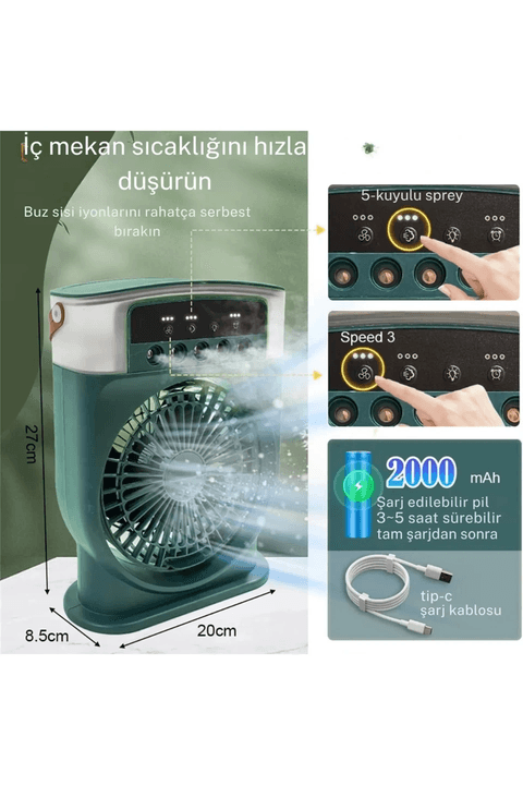 YNT İthalat EM-fansiyah Şarjlı 600 Ml Su Hazneli Taşınabilir Masaüstü Vanilatör  Güçlü Fan Ve 2000 Mah Pil Siyah