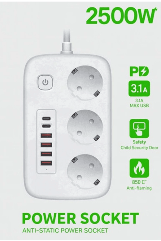 YNT İthalat EM-Priz 7  Akım Korumalı Priz Ve Masaüstü Şarj İstasyonu Kablosuz 3 Priz ,4 Usb, 2 Type-C Girişli 2 Metre