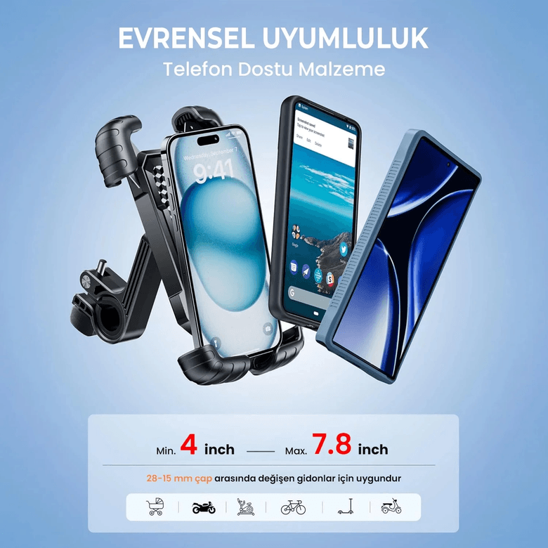 YNT İthalat EM-telefon tutucu1 360° Derece Ayarlanabilen Gidon Bağlantılı Bisiklet Motosiklet İçin Abs 4-7.8″ İnç Telefon Tutucu