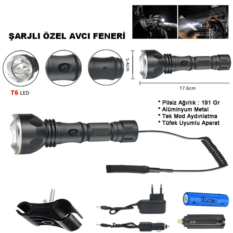 YNT İthalat GF-GUVF-437 Orjinal 600 Lümen Tx6 Şarjlı Özel Avcı Feneri  Wt-253