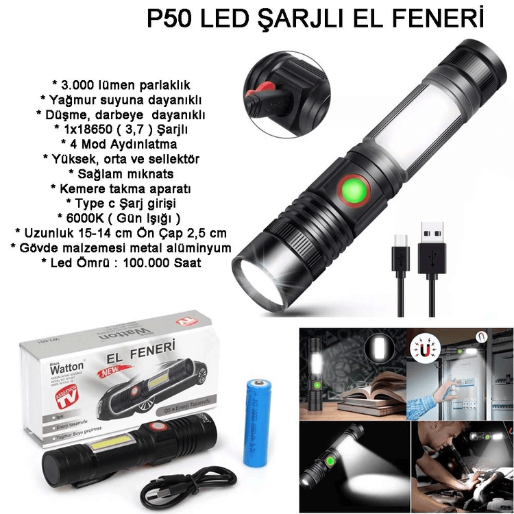 YNT İthalat GF-GUVF-559 Geniş Açılı P50 Led Şarjlı El Feneri  Wt-601
