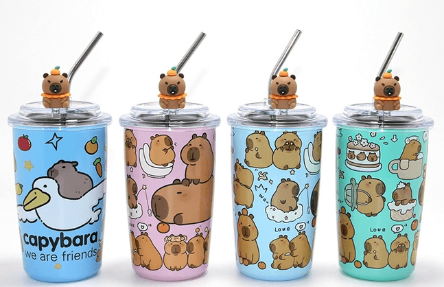 YNT İthalat KH-ALK4429 Capybara Figürlü Isı Muhafazalı Metal Pipetli Paslanmaz Çelik Kupa Alk4429