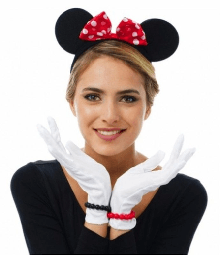 YNT İthalat SM-E049-G009-F031 Kırmızı Fiyonklu Minnie Mouse Tacı Ve Beyaz Eldiven Seti