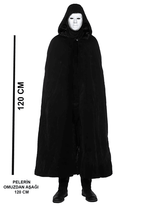 YNT İthalat SM-E120-P Siyah Kapüşonlu 120 Cm Pelerin Ve Beyaz Boyanabilir Tam Yüz Maske