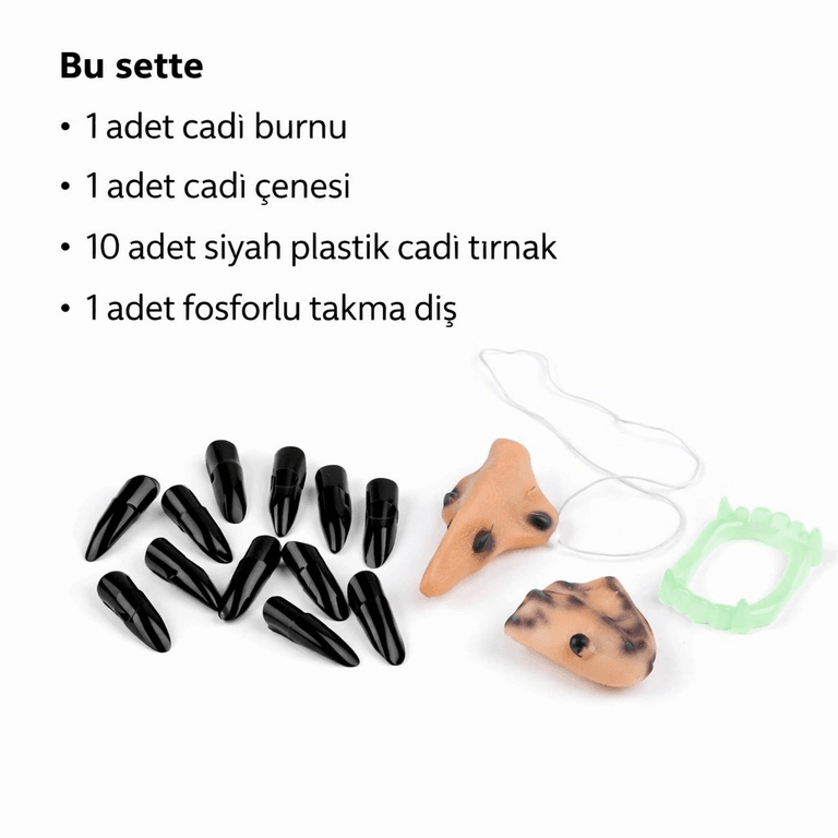 YNT İthalat SM-E235-1 Cadı Aksesuar Seti – Burun, Çene, Fosforlu Diş Ve 10 Adet Siyah Tırnak