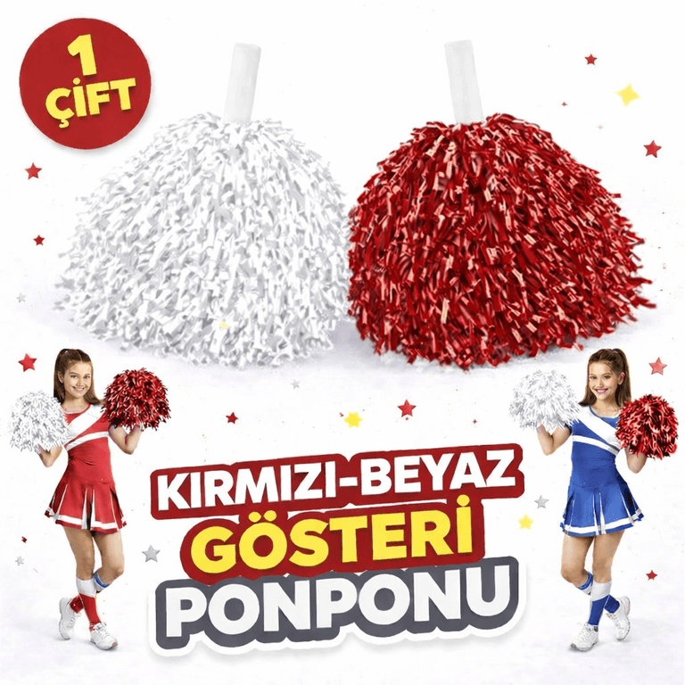 YNT İthalat SM-F003-K-B 1 Çift ( 2 Adet ) Kırmızı-Beyaz Renk 23 Nisan 19 Mayıs 29 Ekim Okul Gösteri Ponponları Ekstra Dolgun