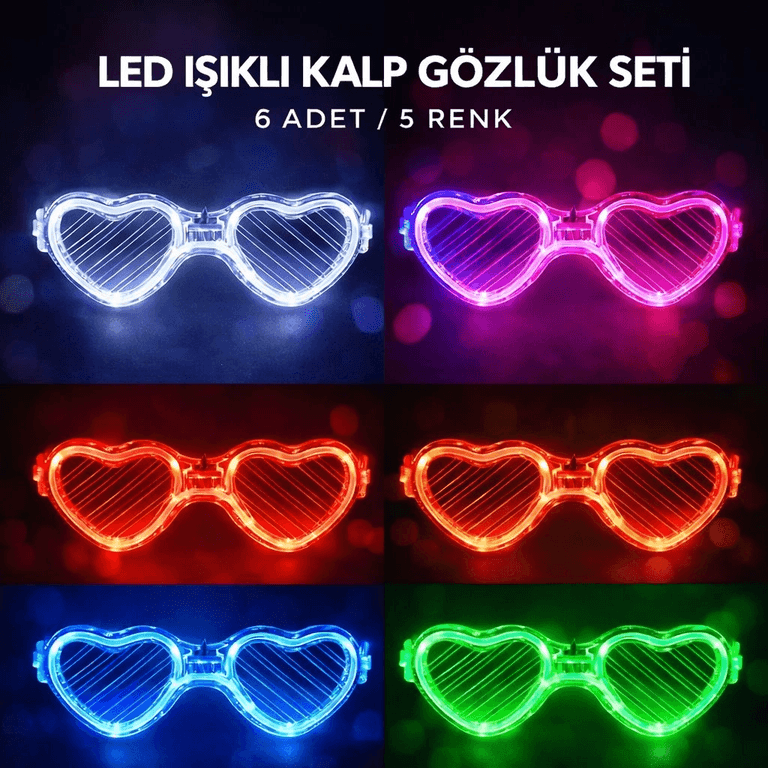 YNT İthalat SM-F009-6 Led Işıklı Kalp Glow Pilli Parti Gözlüğü – 6 Adet / 5 Renk Set