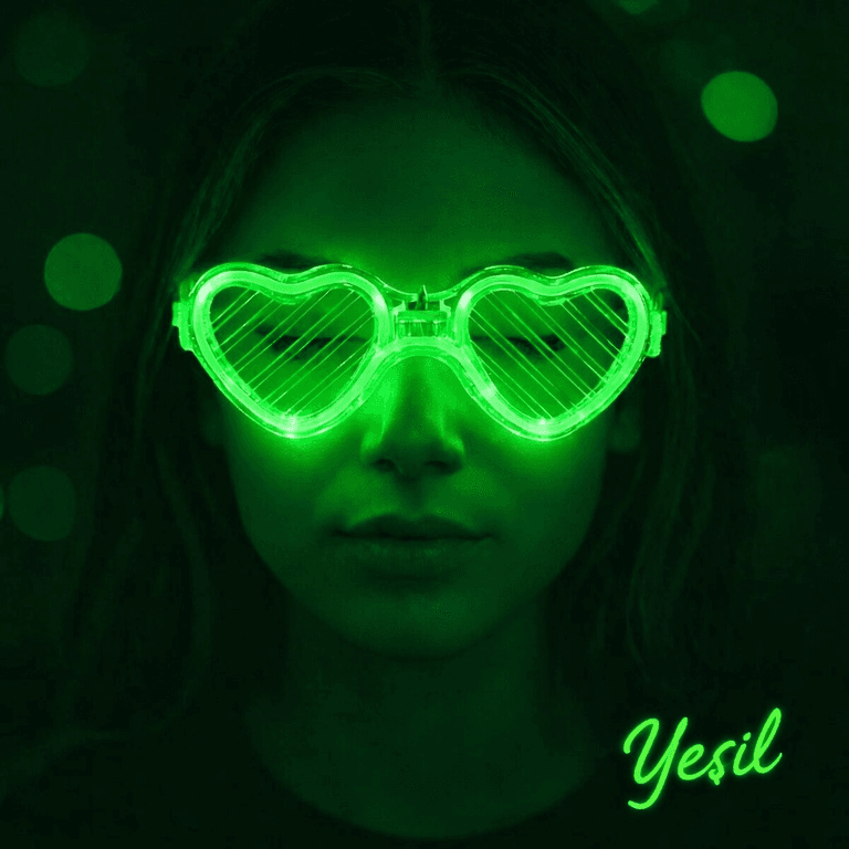YNT İthalat SM-F009-Y Yeşil Led Işıklı Kalp Gözlük – 3 Modlu Parti  Glow Gözlüğü