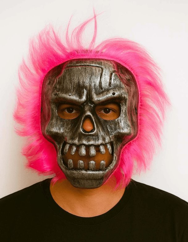 YNT İthalat SM-SMR-859-GP Wild Skull - Gümüş Kafatası Pembe Saçlı İskelet Maske