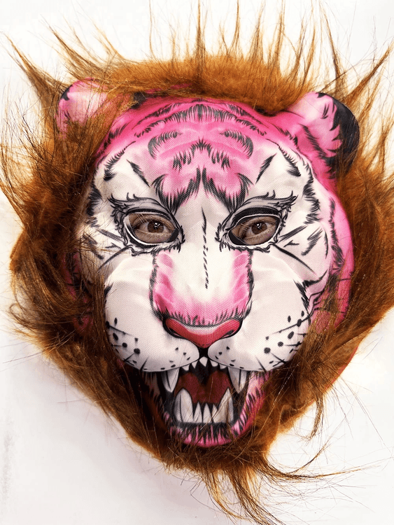 YNT İthalat SM-SMR-D140-26 Kahverengi Saçlı Pembe Yüz Kurt Maske Kaplan Maske Mega Peluş 26 No