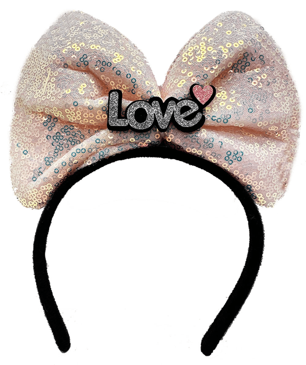 YNT İthalat SM-SMR-D141-TOZ PEMBE Led Işıklı 3 Farklı Fonksiyonda Yanan Gümüş Love Yazılı Toz Pembe Fiyonk Taç 20X17 Cm