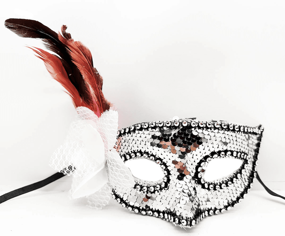YNT İthalat SM-SMR-D175-GÜMÜŞ Gümüş Renk Yandan Tüylü Güllü Gümüş Taşlı Pullu Maske 20X22 Cm