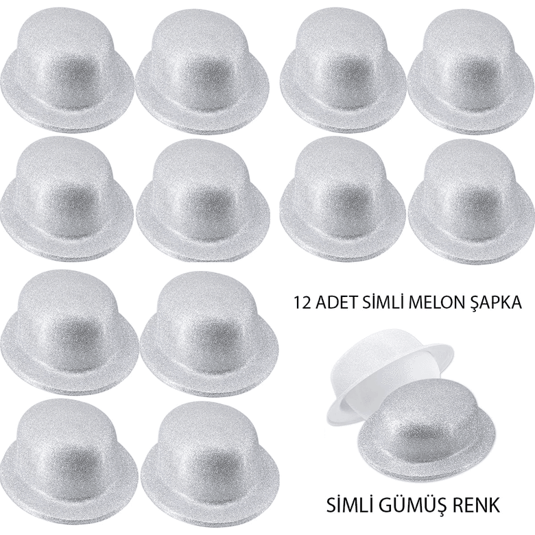 YNT İthalat SM-SMR-D237-12 Gümüş Renk Simli Melon Yuvarlak Parti Şapkası 12 Adet