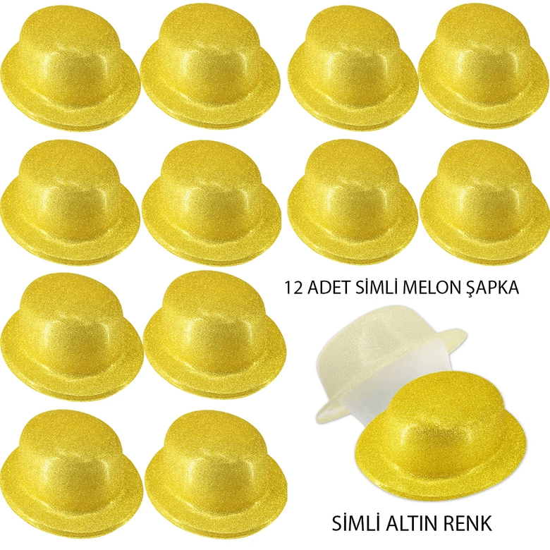 YNT İthalat SM-SMR-D238-12 Altın Renk Simli Melon Yuvarlak Parti Şapkası 12 Adet