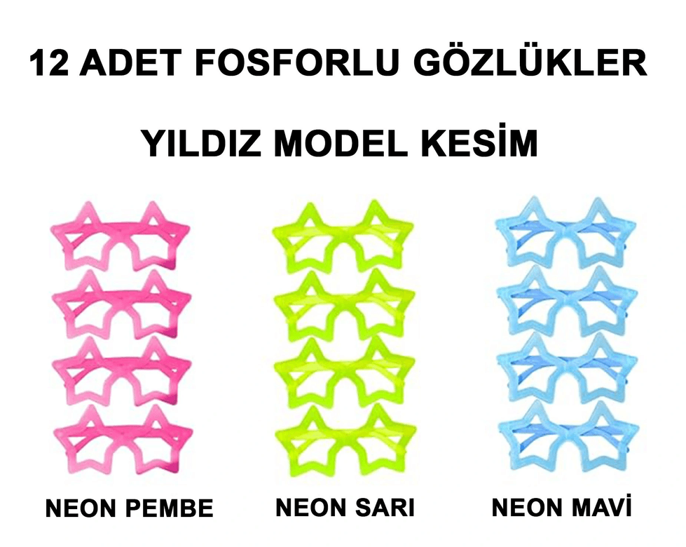 YNT İthalat SM-SMR-D341-YILDIZ Fosforlu Yıldız Model Glow Parti Gözlüğü Karanlıkta Yanan Gözlükler 12 Adet