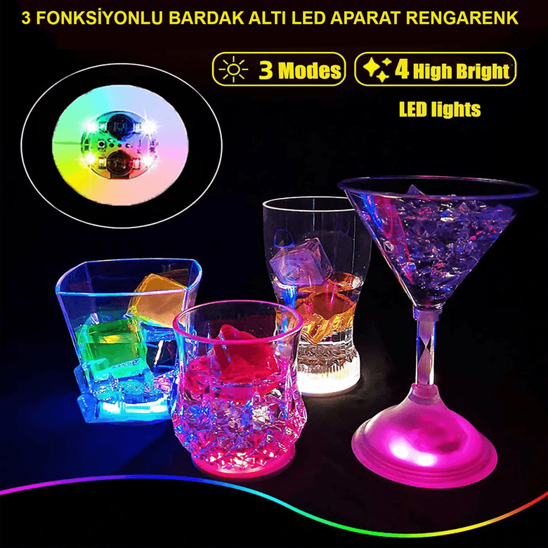 YNT İthalat SM-SMR-E018 Işıklı Yapışkanlı Bardak Altı Aparatı Ledli 3 Modlu 6 Cm Çap 1 Adet