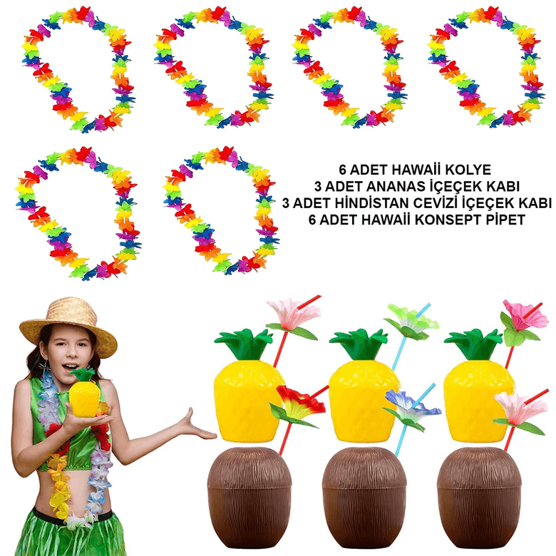 YNT İthalat SM-SMR-E025-E026-E024 Tropikal Hawaii Parti Malzemeleri – Kolye, Pipet, Bardak Seti