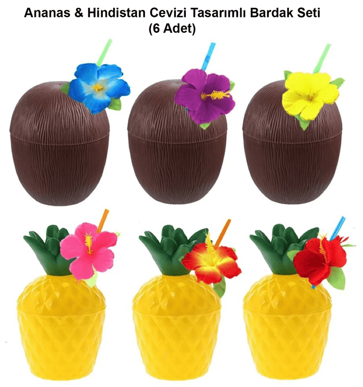 YNT İthalat SM-SMR-E026-E025 Ananas  Hindistan Cevizi Tasarımlı Pipetli Bardak Seti (6 Adet)