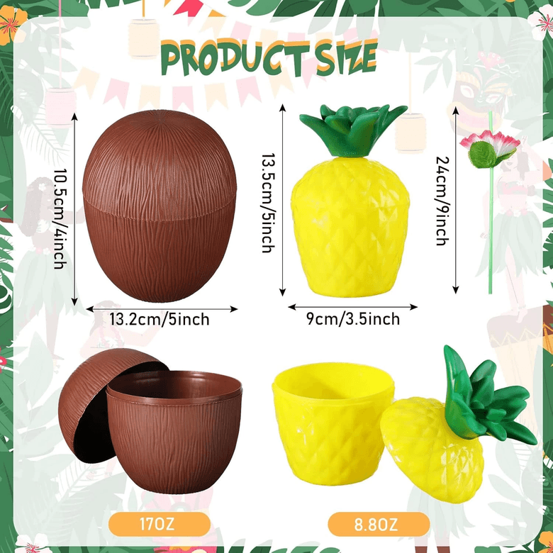 YNT İthalat SM-SMR-E026-E025 Ananas  Hindistan Cevizi Tasarımlı Pipetli Bardak Seti (6 Adet)