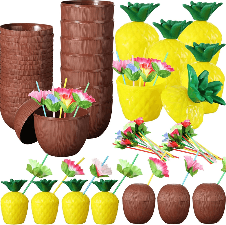 YNT İthalat SM-SMR-E026-E025 Ananas  Hindistan Cevizi Tasarımlı Pipetli Bardak Seti (6 Adet)