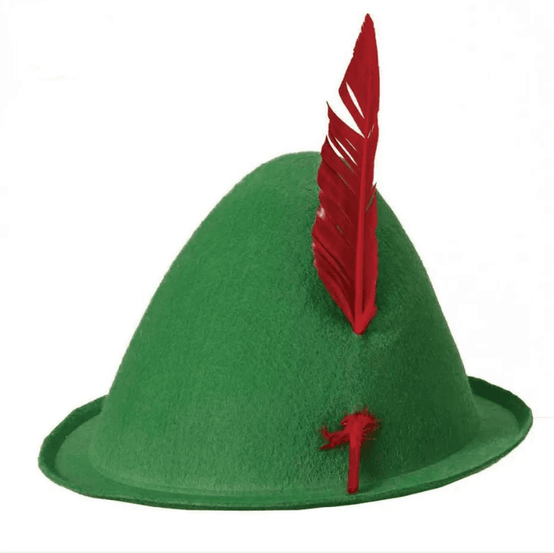 YNT İthalat SM-SMR-E123 Yeşil Renk Kırmızı Tüylü Peter Pan Şapkası Robin Hood Şapkası 24X23 Cm