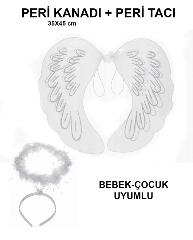 YNT İthalat SM-SMR-E202-E166-F0040- Beyaz Dantel Tüllü Peri Kanadı Ve Peri Tacı Seti 45X40 Cm