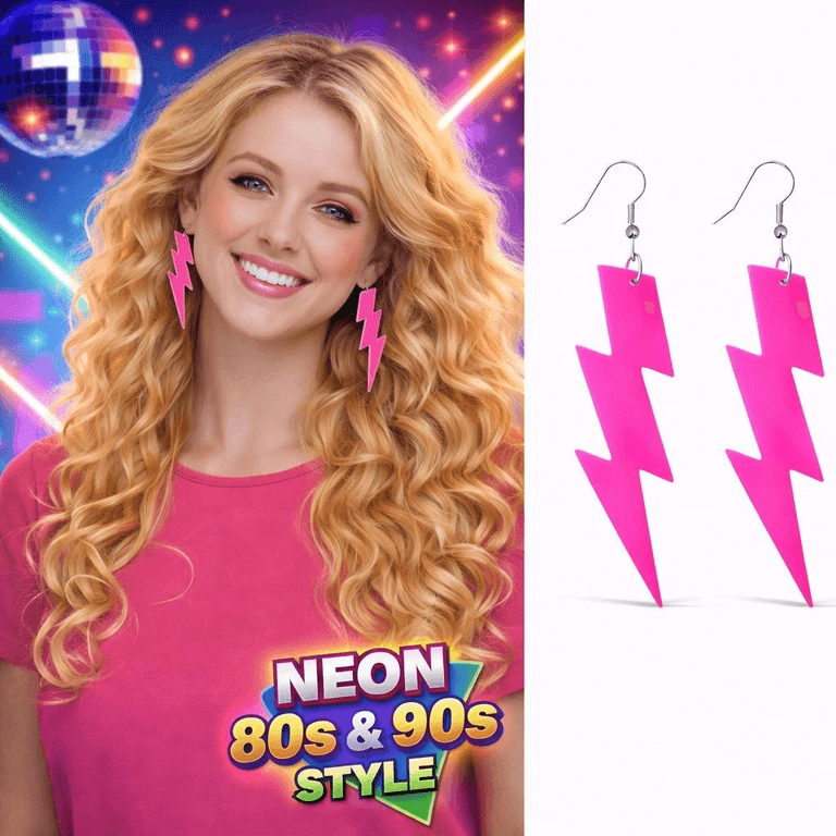 YNT İthalat SM-SMR-G139-PMB 80’Ler 9039Lar Retro Neon Pembe Şimşek Küpe 10 Cm