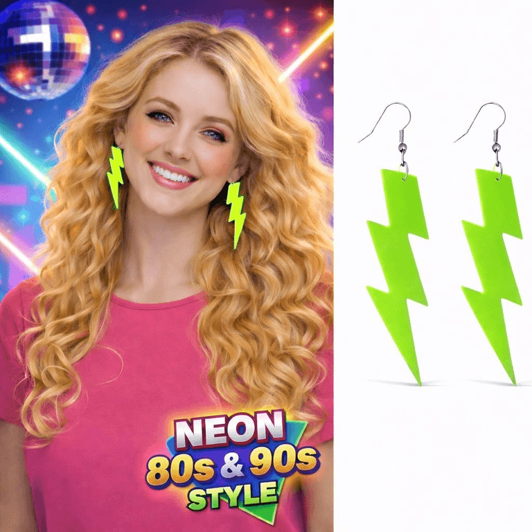 YNT İthalat SM-SMR-G139-YSL 80’Ler 9039Lar Retro Neon Yeşil Şimşek Küpe 10 Cm