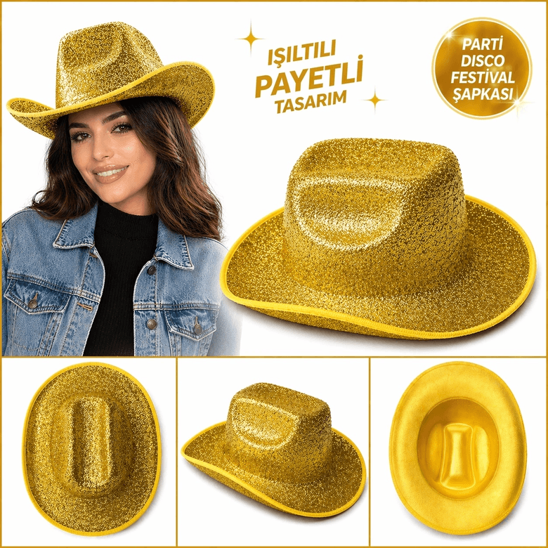 YNT İthalat SM-SMRG071-A Parlak Altın Gold Kovboy Şapka Kadın Erkek Parti Disco Festival Şapkası