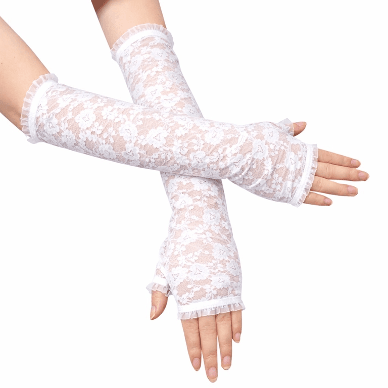 YNT İthalat SM-SMRG082-B Uzun Zarif Dantel Eldiven Parmaksız Beyaz 35 Cm