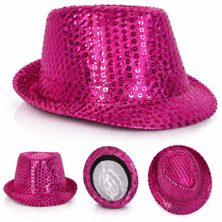 YNT İthalat SM-SMRG119 Fuşya Pembe Payetli Disco Parti Şapkası Yetişkin Işıltılı Fötr Model