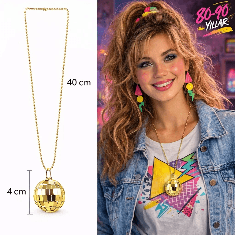 YNT İthalat SM-SMRG127-A Retro Disko Topu Şekilli 8039Ler 9039Lar Altın Renk Plastik Kolye