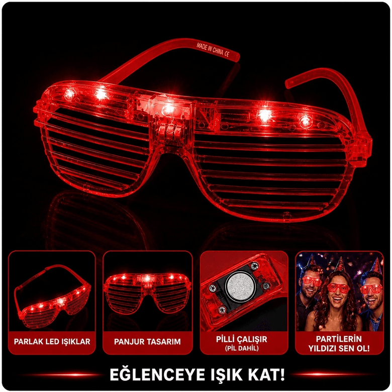 YNT İthalat SM-SMRG133-K Led Işıklı Panjur Parti Gözlüğü Kırmızı Renk Shutter Gözlük