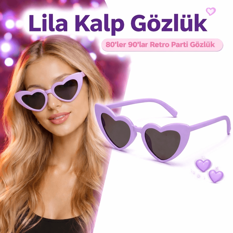 YNT İthalat SM-SMRG134 Mor Lila Retro Kalp Gözlük – 80’Ler 90’Lar Stil Parti Gözlüğü