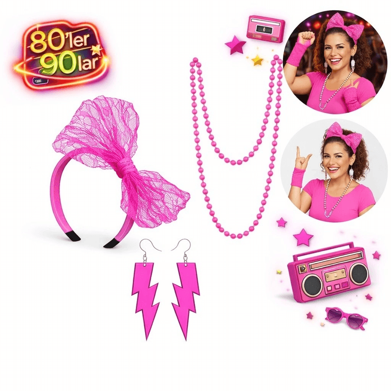 YNT İthalat SM-SMRG138G139G140-P 80’Ler 90’Lar Neon Pembe Parti Seti – Kolye Küpe Taç