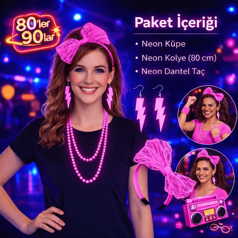YNT İthalat SM-SMRG138G139G140-P 80’Ler 90’Lar Neon Pembe Parti Seti – Kolye Küpe Taç