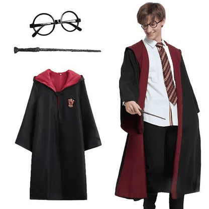 YNT İthalat SM-SMRHARRY-11 Harry Potter Gryffindor Kapişonlu Çocuk Kostüm + Asa + Gözlük Seti 9-10 Yaş