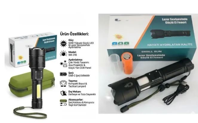 Yüksek Güçlü 50w Led Şarjlı El Feneri Usb-c Uyumlu