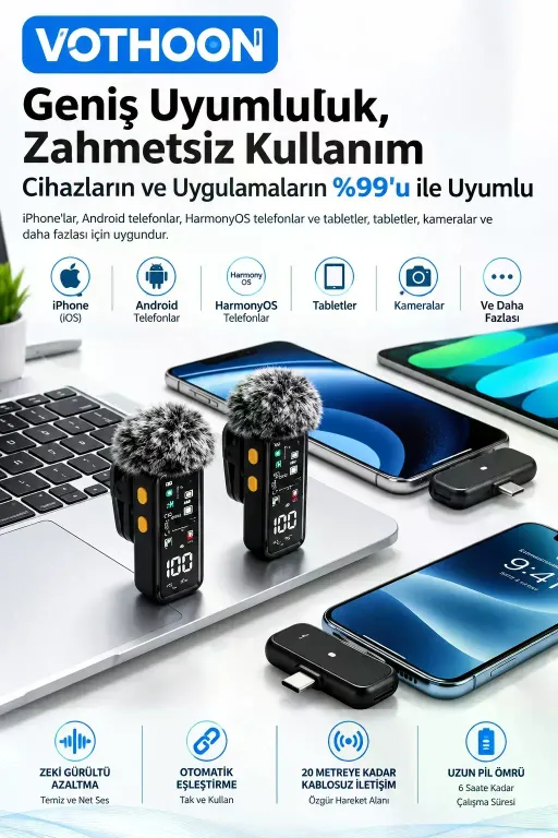 Yüksek Kalite Kablosuz Yaka Mikrofonu – Type-C Lightning Uyumlu Profesyonel Anc Özellikli