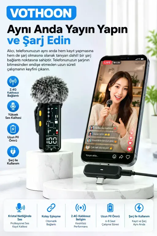 Yüksek Kalite Kablosuz Yaka Mikrofonu – Type-C Lightning Uyumlu Profesyonel Anc Özellikli