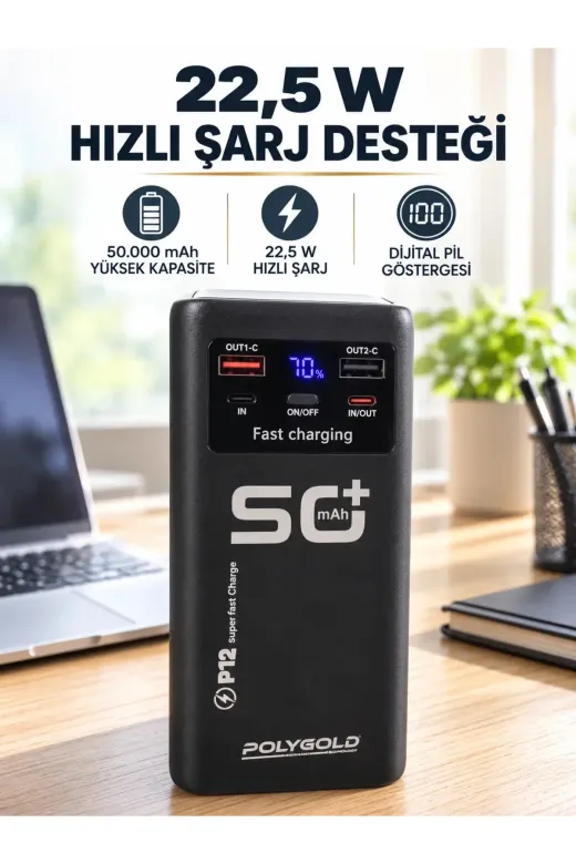 Yüksek Kapasiteli 50.000 mAh Powerbank 22,5 W Hızlı Şarj 4 Dahili Kablo LED Aydınlatma