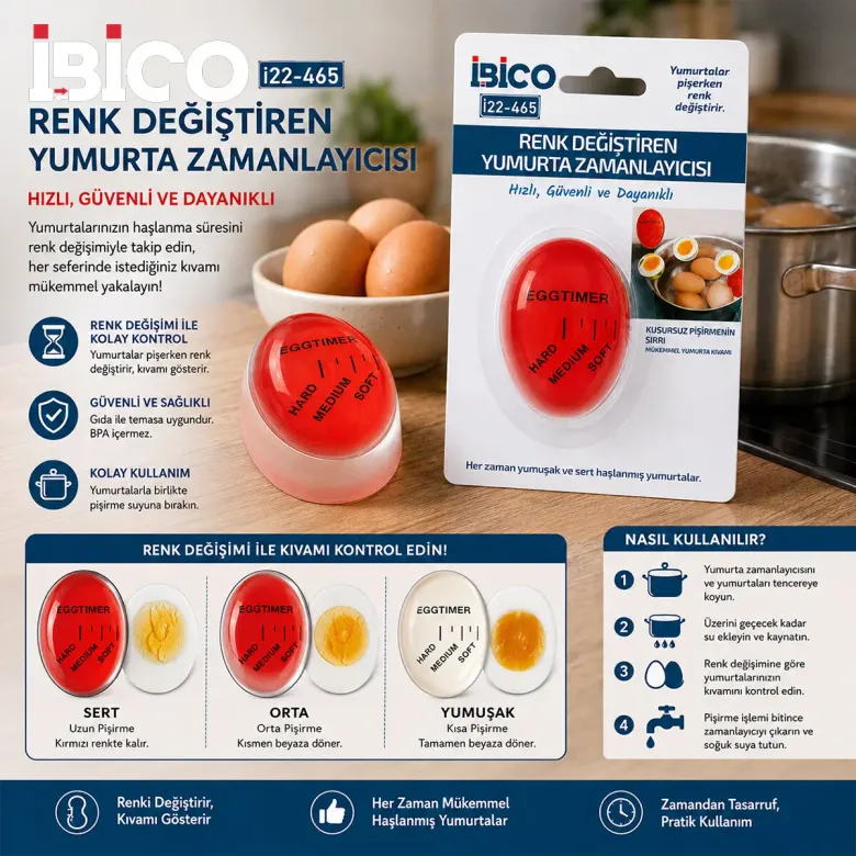 YUMURTA PİŞİRME ZAMANLAYICI RENK DEĞİŞTİREN KIVAMLAYICI SERT - ORTA - YUMUŞAK İ22-465 (4745)