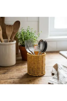 ® Yuvarlak Hasır Dokulu Plastik Rattan Kaşıklık & Çatallık – Askılı Kend