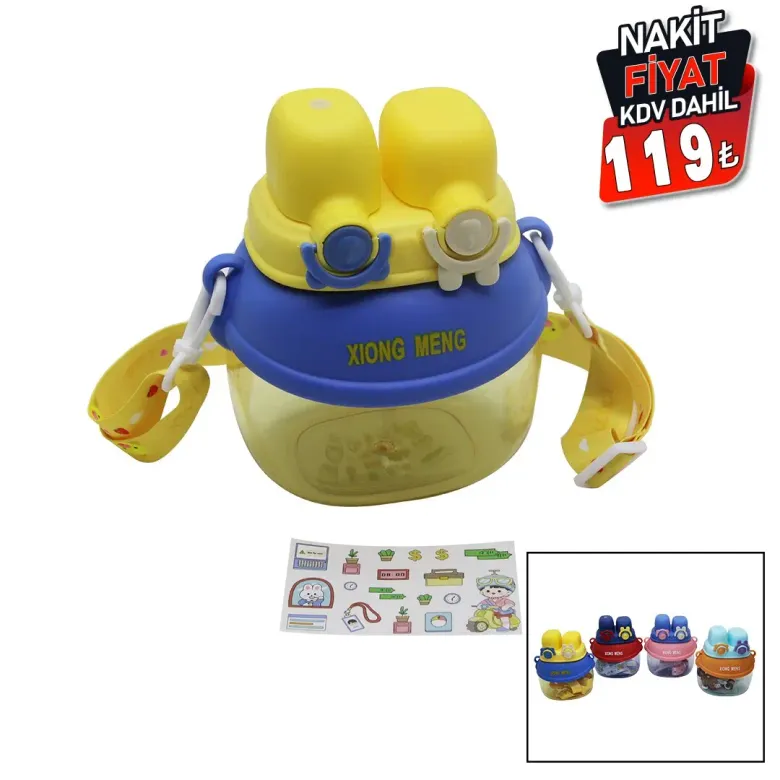 YÜZ MODELİ  - 2 KİLİTLİ KAPAK  RENKLİ MİKA KRİSTAL SULUK MATARA PİPETLİ - NAYLON ÇANTALI - ASKILI 1280ML (4745)