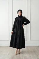 Zafire Düğmeli Robalı Çilek Elbise-BN4603 Siyah
