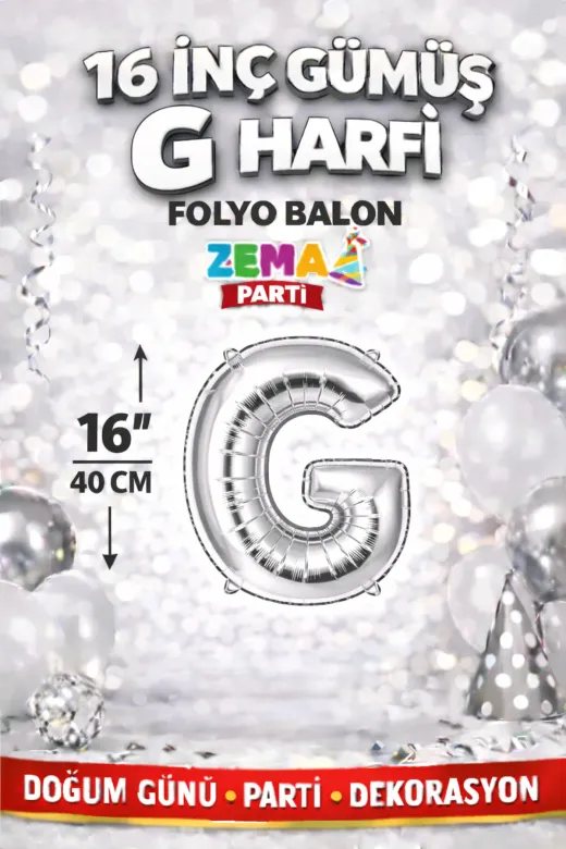 Zema parti 16inc-gumus-g 16 İnç Gümüş G Harfi Folyo Balon 40 Cm Silver Doğum Günü Parti Dekorasyon