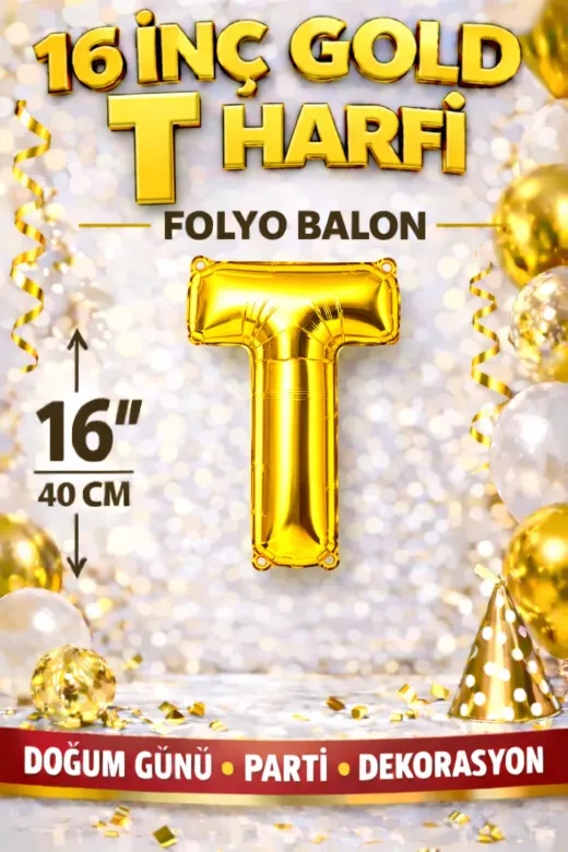 Zema parti 16incgold-t 16 İnç Gold T Harfi Folyo Balon 40 Cm Altın Doğum Günü Parti Dekorasyon